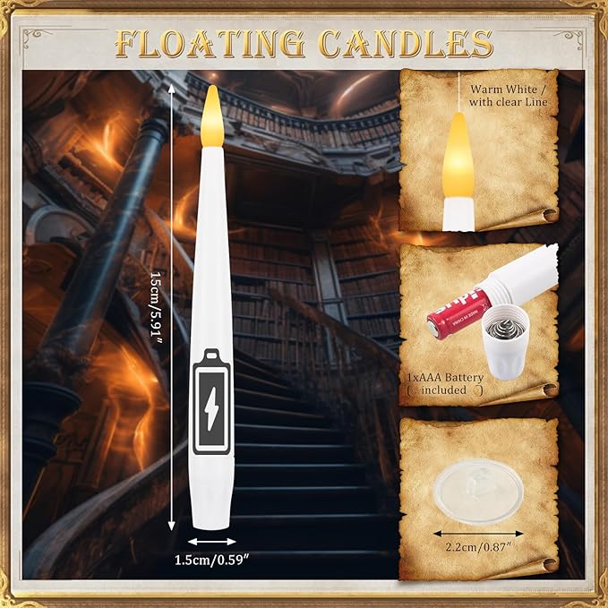 12 PCS Floating Candles with Wand LED Magic Hanging Candle Battery Operated Candle with 13 Batteries Include Flickering Warm Light Floating Candles for Christmas Halloween Decoration