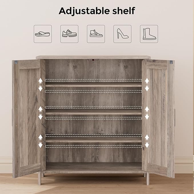 Farmhouse Shoe Cabinet with 2 Barn Doors & Wood Legs, 5-Tier Shoe Storage Cabinet with 3 Adjustable Shelves, Tall Shoe Rack Organizer for Closet, Shoe Organizer for Entryway, Hallway, Greige