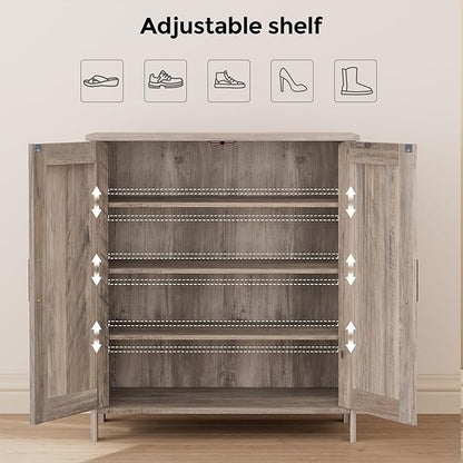 Farmhouse Shoe Cabinet with 2 Barn Doors & Wood Legs, 5-Tier Shoe Storage Cabinet with 3 Adjustable Shelves, Tall Shoe Rack Organizer for Closet, Shoe Organizer for Entryway, Hallway, Greige