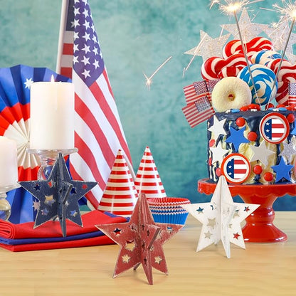 COCHIE 6 Inch Labor Day Decorations Wooden Stars Set, Vintage 3D Star Memorial Day Tiered Tray Decor, 4th of July Red White Blue Patriotic Decoration for Home Table Desk Door Shelf (Cutout Retro)