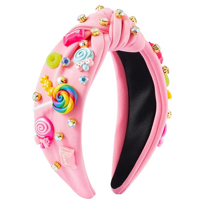 PANTIDE Candy Jeweled Knotted Headband - Christmas Rainbow Lollipop Rhinestone Embellished Preppy Headband Non Slip Wide Top Knot Hairband Hair Accessories Birthday Gift for Women Girls (Pink)