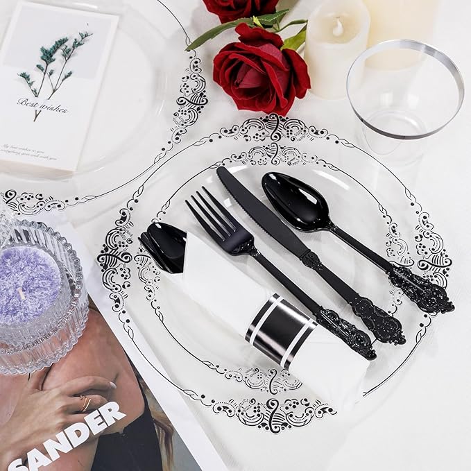 Hioasis 350pcs Clear Black Plastic Plates - Elegant Disposable Dinnerware Set Suitable for 50 Guests Include 10.25" Dinner & 7.5" Dessert Plates, Pre Rolled Silverware Set, Cups for Party & Wedding