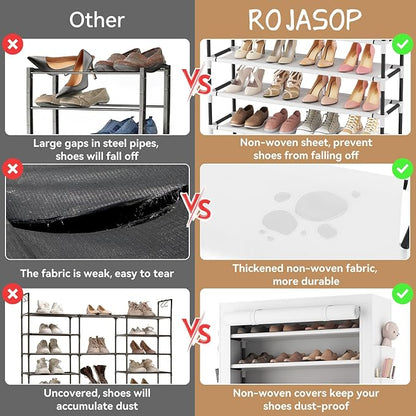 ROJASOP Shoe Rack with Covers 10 Tier Large Shoe Organizer Tall Shoe Closet Storage for 50-55 Pairs Shoe and Boot, Free Standing Shoe Rack Organizer for Closet, Entryway, Bedroom, White