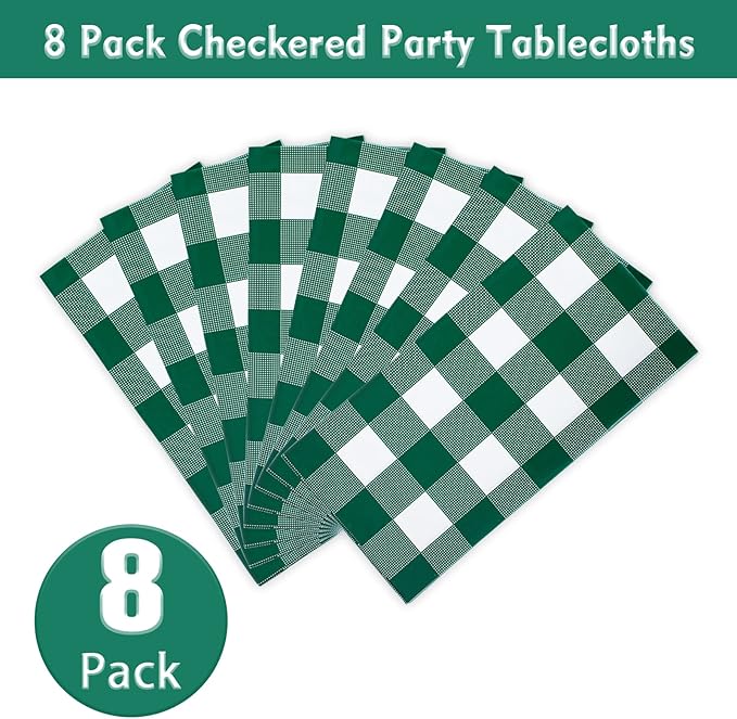 Kesfey 8 Packs Green and White Checkered Tablecovers 54 x 108 Inches Disposable Party Picnic Table Cloth SpillProof Plastic Gingham Tablecovers for Camping Decoration Party Favors