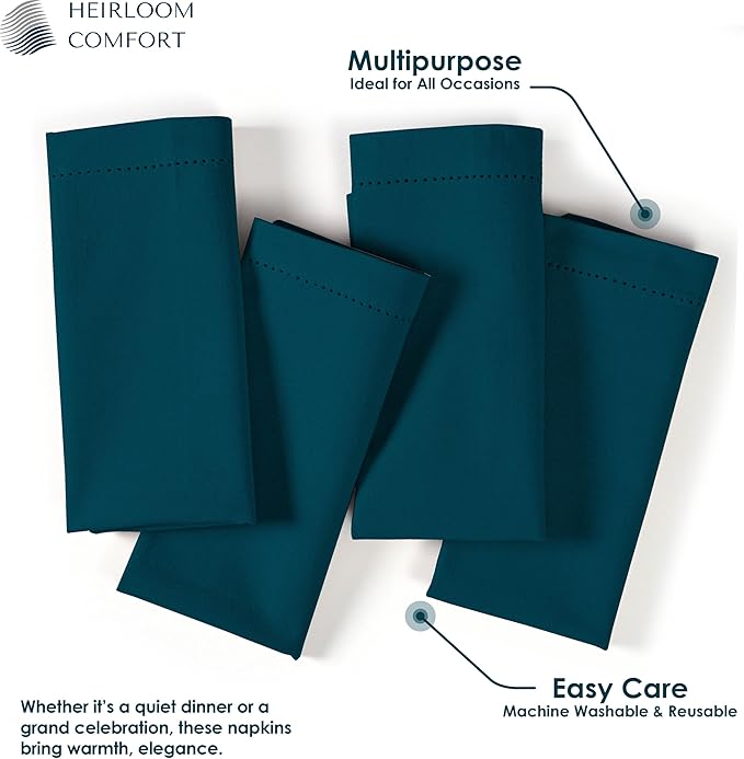 Teal Green Cloth Napkins 18x18 Inches, 6 Pack - 100% Cotton, Soft, Absorbent, Reusable, Washable - Hemstitch Mitered Edges - Ideal for Wedding, Gifts, Holiday, Party, Everyday Dining