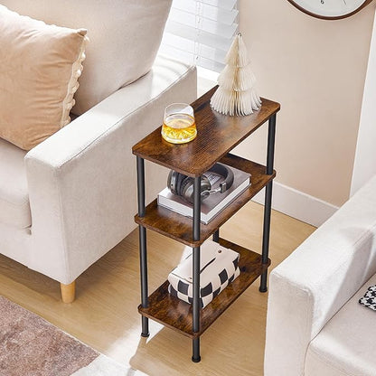 HOOBRO Narrow Side Table Set of 2, 3-Tier Slim End Table No Tools Needed, Twist-On Assembly, Skinny Nightstand Sofa Storage Shelf for Living Room, Bedroom, Study, Rustic Brown and Black BF246BZP201