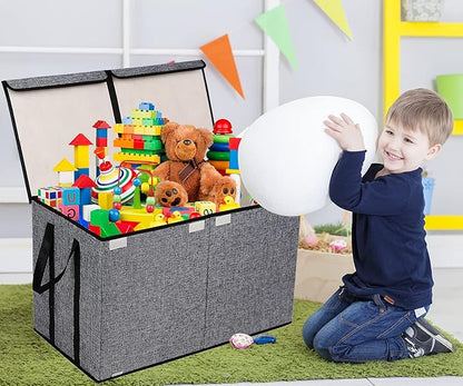 Large Kids Toy Box Chest Storage organizer with Double Flip-Top Lid - Collapsible Sturdy Toy Organizers And Storage Bins With Big Handles For Nursery, Playroom, 26.8"x13.8"x16"(Grey)