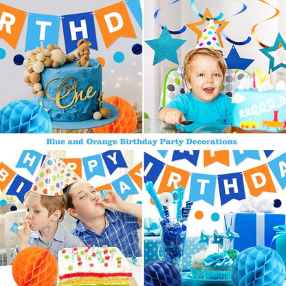 meowtastic Birthday Decorations, Happy Birthday Banner with Honeycomb Balls, Star Hanging Swirl Streamers, Circle Dots Garland, Happy Birthday Party Decorations for Women Girls (Blue & Orange)