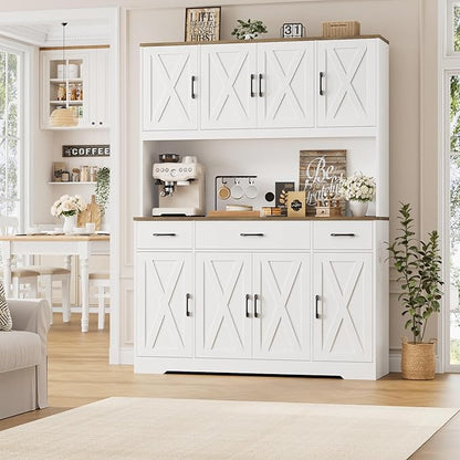 HOSTACK 71" Tall Pantry Cabinet with Charging Station, 55" Wide Kitchen Pantry Storage Cabinet with Countertop, Large Kitchen Hutch with Storage Drawers and Microwave Stand for Dining Room, White