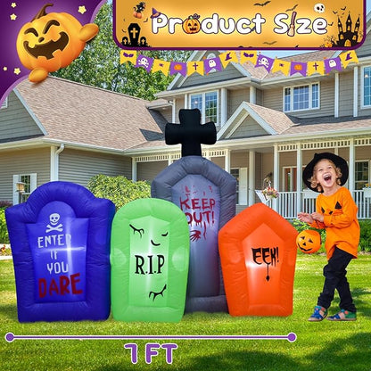 6FT Halloween Inflatable Tombstones Set Decora Halloween Blow Up Decor with LED Lights Indoor Outdoor Holiday Party Yard Graden Decoration