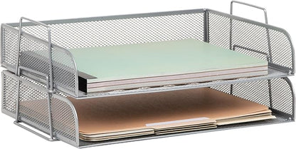 Mind Reader Stackable Paper Tray, Desktop Organizer, File Storage, Office, Metal Mesh, 2 Pcs., Silver