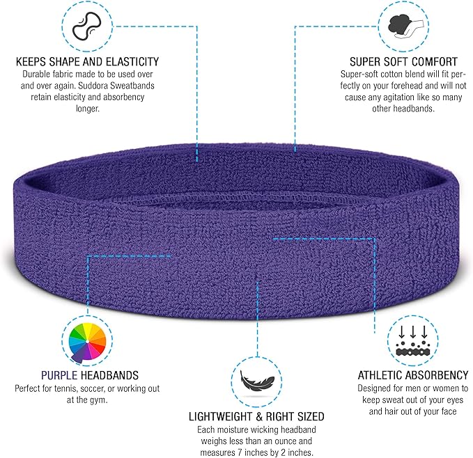 Suddora Workout Headband for Men and Women, Moisture-Wicking Athletic Sweatband, Lightweight Cotton Terry Cloth Bands for Basketball, Tennis, Football, Gym, Running, Cosplay & Costumes