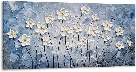 YHSKY ARTS Floral Canvas Wall Art Hand Painted Blue and White Heavy Textured Painting Modern Abstract Flower Pictures Contemporary Artwork for Living Room Bedroom Office Decoration