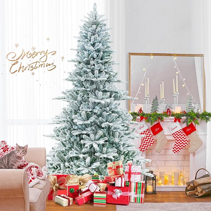 GOFLAME 8FT Pre-Lit Christmas Tree Snow Flocked, Hinged Artificial Xmas Tree with 1447 Branch Tips, 800 Cold White LED Lights, 3 Lighting Modes, Timer, Remote, Holiday Decoration Tree for Home Party
