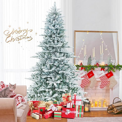 GOFLAME 8FT Pre-Lit Christmas Tree Snow Flocked, Hinged Artificial Xmas Tree with 1447 Branch Tips, 800 Cold White LED Lights, 3 Lighting Modes, Timer, Remote, Holiday Decoration Tree for Home Party