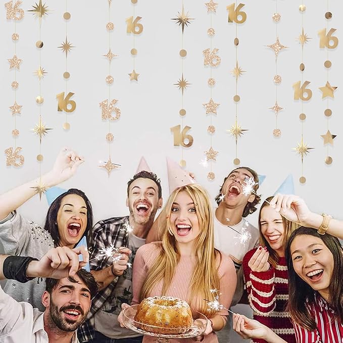 Champagne Gold Number 16 Circle Dot Twinkle Star Garland Streamer Bunting Banner Backdrop Decorations for Girls Happy 16th Birthday Sweet Sixteen 16th Anniversary Cheers to 16 Years Party Decor