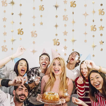 Champagne Gold Number 16 Circle Dot Twinkle Star Garland Streamer Bunting Banner Backdrop Decorations for Girls Happy 16th Birthday Sweet Sixteen 16th Anniversary Cheers to 16 Years Party Decor