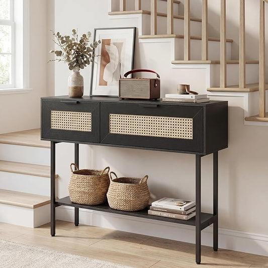 Giantex Rattan Console Table with Storage, 40" Boho Entryway Table w/ 2 Flip Door Cabinets & Shelf, Metal Frame, 2 Anti-Tipping Kits, Narrow Long Behind Couch Sofa Table for Entrance Hallway, Black