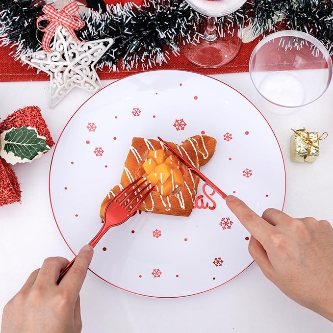 Nervure 175PCS Christmas Plastic Plates - White and Red Disposable Plates & Red Plastic Silverware include 50 Plates 25Knives 25Forks 25Spoons 25Napkins for Christmas Party