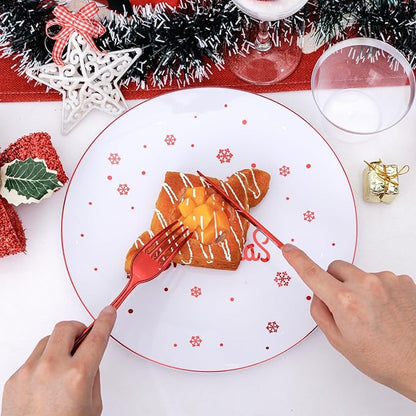 Nervure 175PCS Christmas Plastic Plates - White and Red Disposable Plates & Red Plastic Silverware include 50 Plates 25Knives 25Forks 25Spoons 25Napkins for Christmas Party