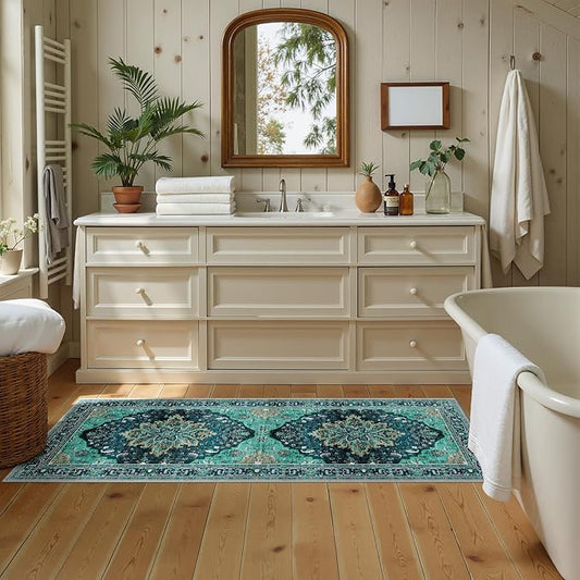 Area Rugs 2'x5' Runner Rug Non Slip Washable for Kitchen Hallway Bedroom Beside Laundry Room Bathroom Rug, Floor Carpet, Teal Green Lake Blue Turquoise