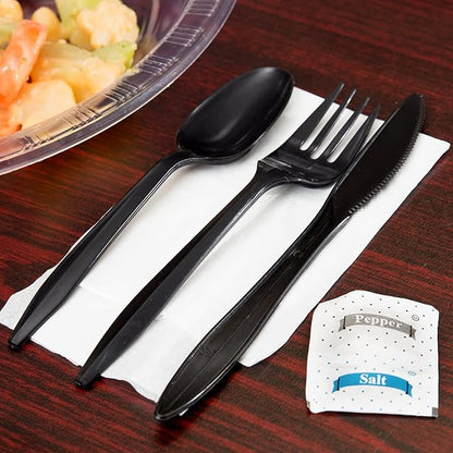 100 Pack Medium Weight Wrapped Black Plastic Cutlery Pack with Napkin and Salt/Pepper Packets (Black)