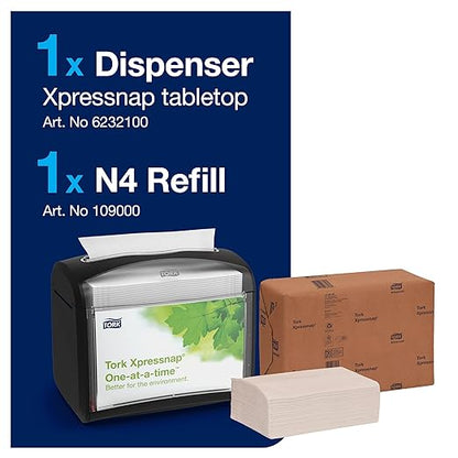 Tork Xpressnap Tabletop Napkin System Starter Pack Black N4, Dispenser and 1 x 500 One-at-a-Time Dispensing Napkins, 80062301