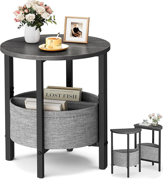 Vagusicc Small Round Side Table End Table, Tall Accent Table with Storage Basket, Set of 2 Half Round Table Half Moon Tables, Coffee Bedside Table Modern Nightstand for Living Room Bedroom Gray Walnut
