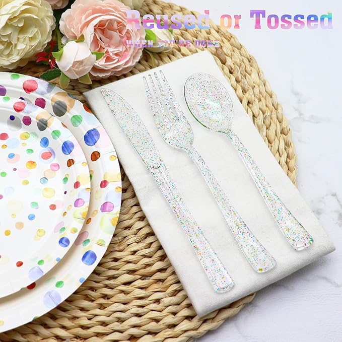 150 Pack Clear Plastic Silverware - Disposable Cutlery with Colorful Design, Includes 50 Forks, 50 Knives, 50 Spoons for Birthday, Wedding, Baby Shower