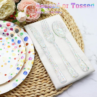 150 Pack Clear Plastic Silverware - Disposable Cutlery with Colorful Design, Includes 50 Forks, 50 Knives, 50 Spoons for Birthday, Wedding, Baby Shower