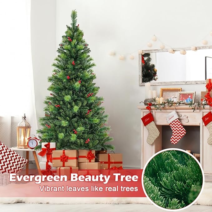 GOFLAME 6FT Pre-Lit Christmas Tree, Hinged Artificial Xmas Tree with Pine Needles, 670 Branch Tips, 28 Clusters of Red Berries, 300 LED Lights, 9 Lighting Modes, 4 Brightness, Remote Control & Timer