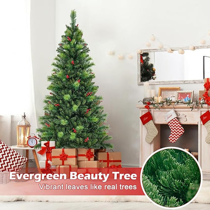 GOFLAME 6FT Pre-Lit Christmas Tree, Hinged Artificial Xmas Tree with Pine Needles, 670 Branch Tips, 28 Clusters of Red Berries, 300 LED Lights, 9 Lighting Modes, 4 Brightness, Remote Control & Timer