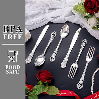 40PSC Silver Plastic Cutlery - Vintage Silver Disposable Silverware - Heavyweight Plastic Utensils with 20 Forks, 10Knives, 10 Spoons For Catering, Parties, Dinners and Weddings