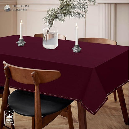 Burgundy Wine Cotton Tablecloth, Table Cover 52x70 Inch, Fits 4-6 Seats, Soft,Washable, Wrinkle Resistant, Rectangle Table Cloth for Dining, Anniversaries, Holiday Feasts, Decor