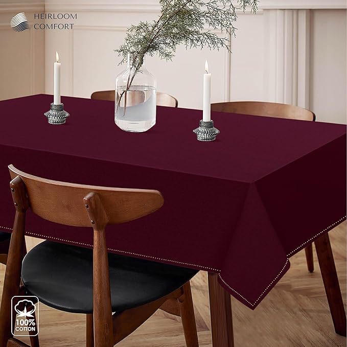 Burgundy Wine Tablecloth, 100% Cotton, 60x86 Inch, Fits 6-8 Seats, Soft, Washable, Wrinkle Resistant, Rectangle Dining Table Cover for Anniversaries, Decor, Holiday, Dinner, Events