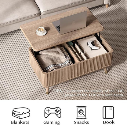 Lift Top Coffee Table with Storage,Natural Wood Center Table for Living Room, Modern Farmhouse Oak Fluted Design,Pop-Up Desk for Work & Dining