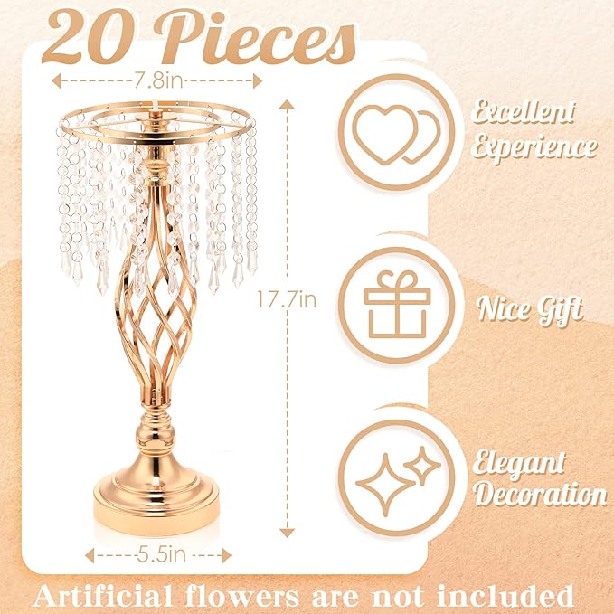 Wesiti 20 Pcs Crystal Gold Flower Stand Elegant Metal Flower Arrangement Stand with Chandelier Crystals 17.7" Tall Gold Vase for Centerpieces Wedding Reception Hotel Favor