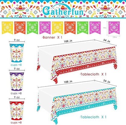 Fiesta Party Supplies Kit for 24 - Ultimate Celebration Pack Including Paper Plates, Napkins, Cups, Tablecloth & Banner | Ideal for Mexican Birthday, Taco, & Cinco de Mayo party Decorations