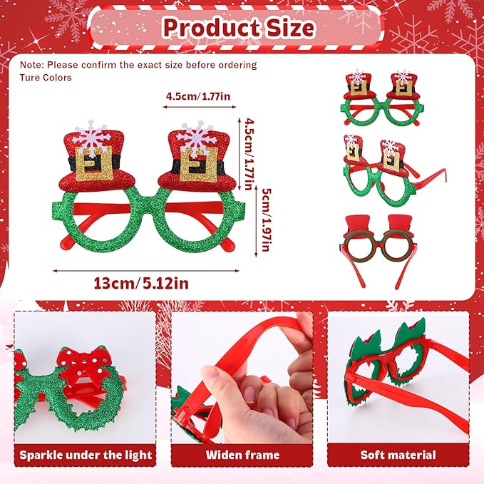 16 Pieces Christmas Glitter Eyeglasses Holiday Party Glasses Supplies Antlers Reindeer Snowman Shape for Xmas Decorations Assorted Styles