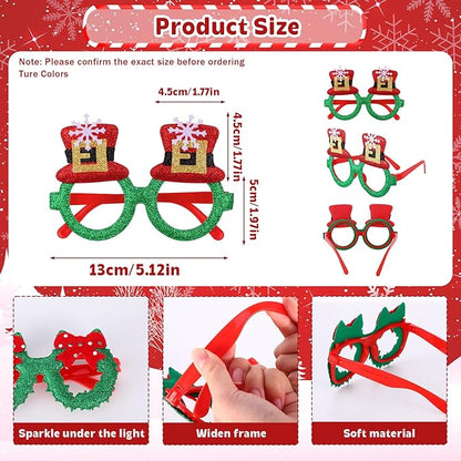 16 Pieces Christmas Glitter Eyeglasses Holiday Party Glasses Supplies Antlers Reindeer Snowman Shape for Xmas Decorations Assorted Styles