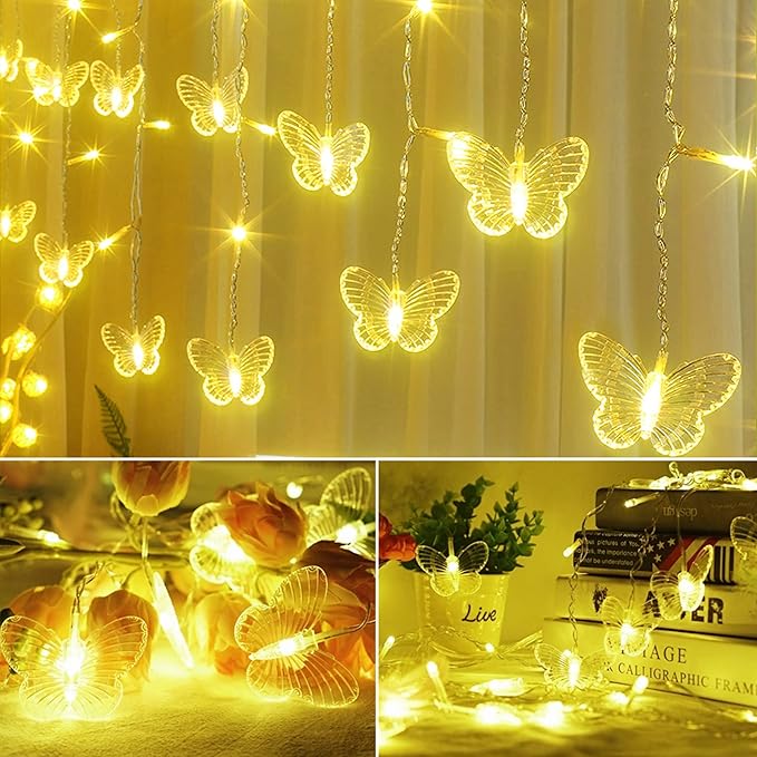 Butterfly Curtain Fairy Lights USB Plug in,120 LED 8 Modes 20FT Firefly Twinkle Icicle String Lights with Remote Timer Waterproof Copper Wire for Bedroom Patio Christmas Wedding Party Dorm(Warm White)