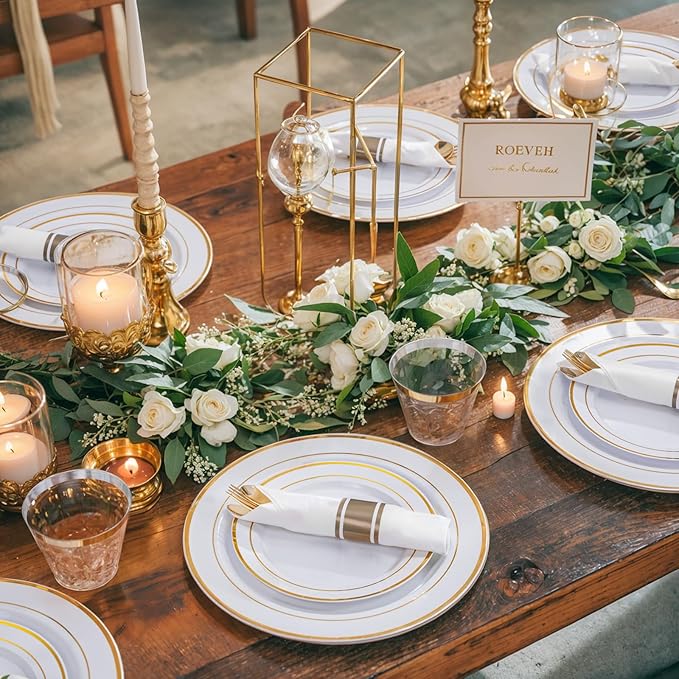 WELLIFE 350Pcs Gold Plastic Plates for 50 Guests - Plastic Dinnerware Set, Includes 100 Party Plates,150 Gold Silverware Disposable,50 Napkins,50 Cups,Disposable Plates for Party and Christmas