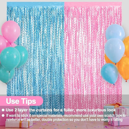 4 Pack Macaron Pink Blue Fringe Curtain Backdrop 3.2Ft x 8.2Ft Metallic Tinsel Foil Fringe Streamers Background for Photo Booth Mother's Day, Easter, Carnival, Birthday, Wedding Party Decoration