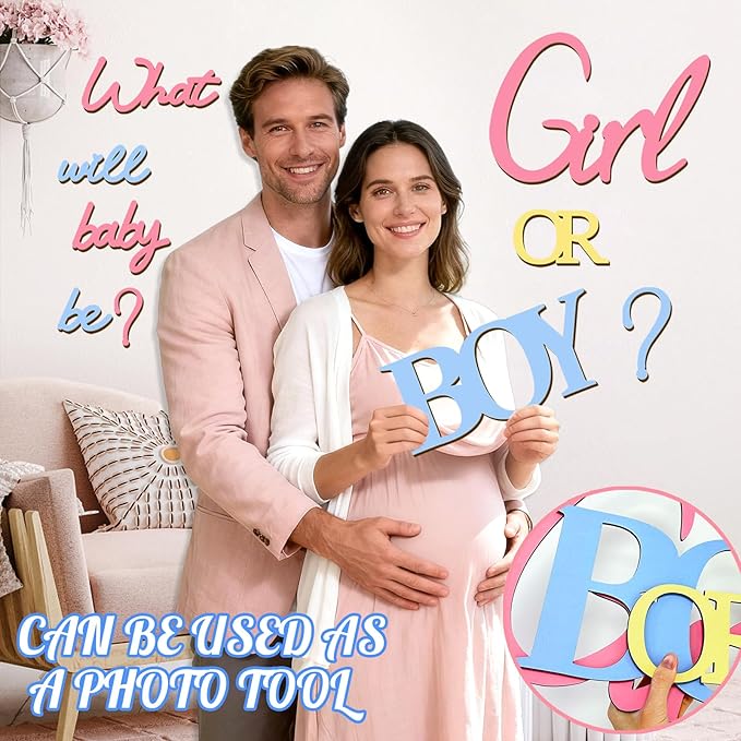 Large Wooden Boy or Girl Signs Gender Reveal Party Decoration Ideas Decals for Balloon Arch Oh Baby Shower Letters Sign He or She What Will Baby Be Stickers for Backdrop Pregnancy Banner Photo Props