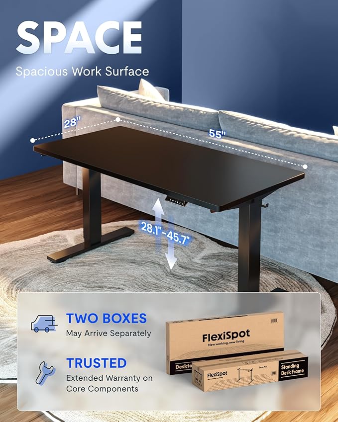 FLEXISPOT EN1 One-Piece Standing Desk with 1-Inch Thick Desktop, 55"x28" Electric Height Adjustable Desk for Home Office & Multi-Device Workstations, Black