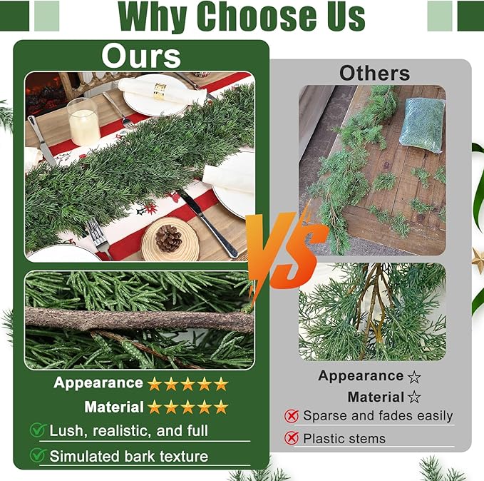 9 FT Christmas Cedar Garland - Thick Real Touch Pine Garland - Realistic Cypress Garlands Christmas Decorations for Mantel Table Stairs Porch - Outdoor Indoor Xmas Holiday Decor