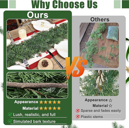 9 FT Christmas Cedar Garland - Thick Real Touch Pine Garland - Realistic Cypress Garlands Christmas Decorations for Mantel Table Stairs Porch - Outdoor Indoor Xmas Holiday Decor