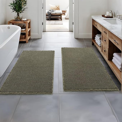 MIULEE Set of 2 Waffle Bathroom Runner Rugs, Boho Bath Rugs Non Slip, Super Absorbent Runner Bath Mats, Rubber Backed Shower Mats for Hallway Bedroom Laundry Room, Green, 2'x5'(24x60 Inch)