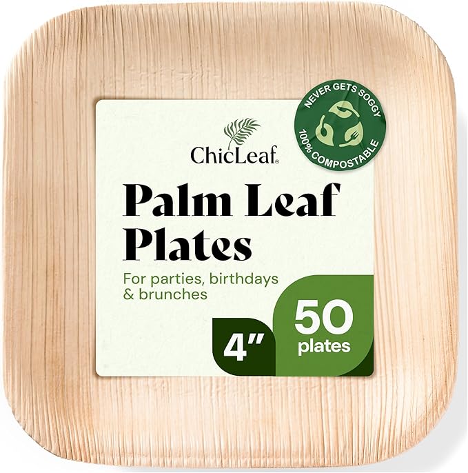 Chic Leaf Compostable & Biodegradable Palm Leaf Disposable Bamboo Plates - Disposable Party Plates for Appetizers, Thankgiving Family Dinner Meal - Party Supplies (4'' - 50 Pack)