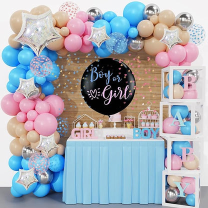 Amandir 164PCS Baby Boxes Gender Reveal Balloon Decorations, Pink and Blue Balloon Garland Kit 4pcs Boxes with Letters for Baby Shower Birthday Boy or Girl Gender Reveal Party Supplies